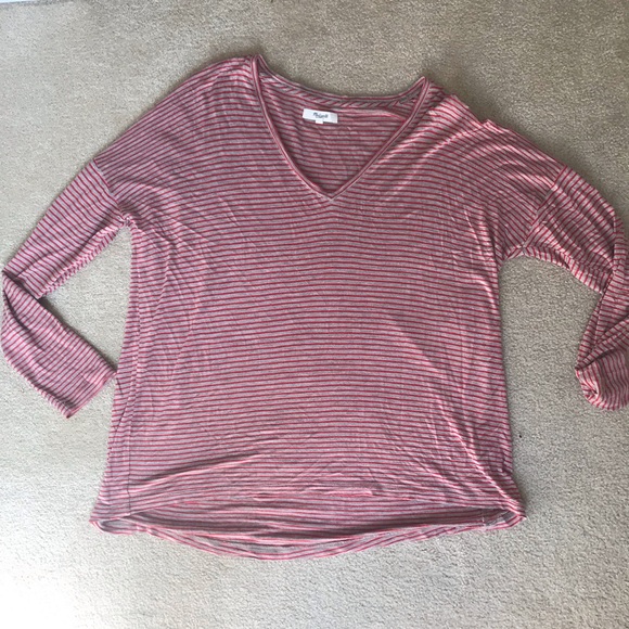 Madewell Red & Grey Striped Long Sleeve V Neck Top - Picture 2 of 3